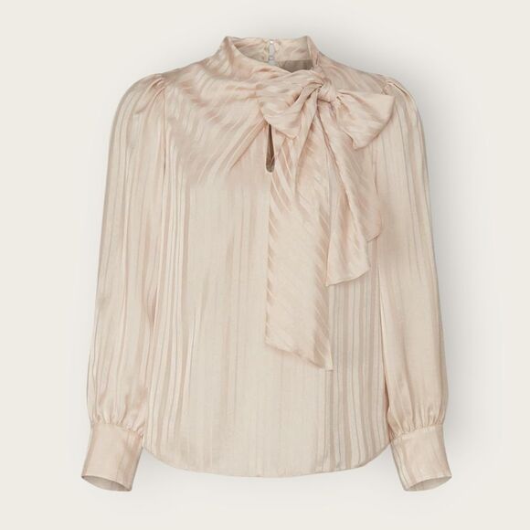 Rebecca Taylor Pink Silk Tonal Kitten Bow Lavaliere Collar Pin Stripe Blouse 12 - Picture 3 of 7